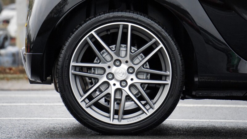 Close-up on black car's wheels