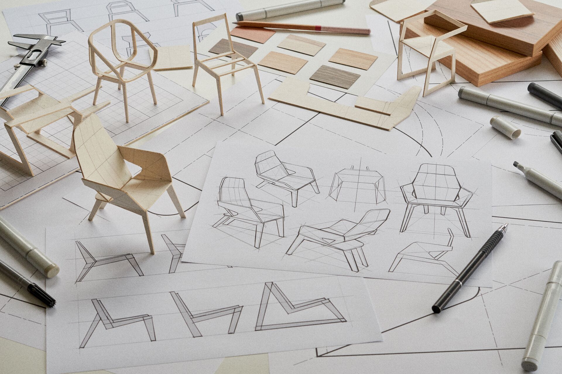 Chair small sized prototypes and sketches with pencils